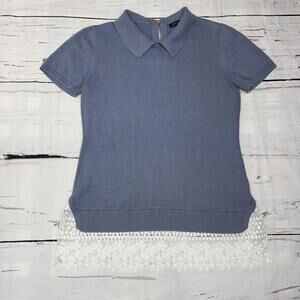 Tommy Hilfiger Knit Lace Hem Polo Top Blue XS Cottagecore Chic